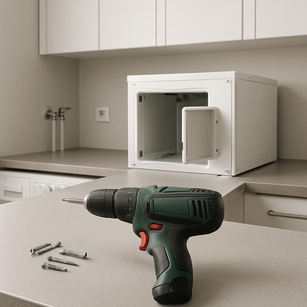 A cordless drill power tool rests on a concrete countertop; in the background is a compact white microwave featuring an op...