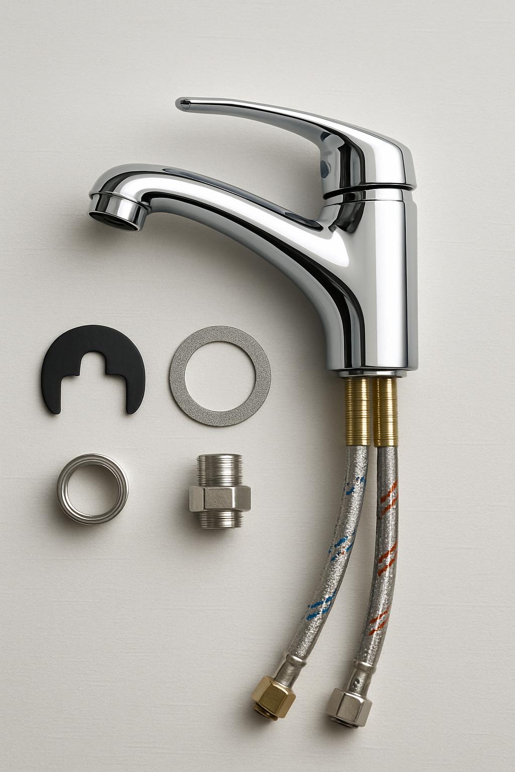 The image depicts a chrome faucet with some of its associated parts, also in chrome and metal. Specifically pictured are t...