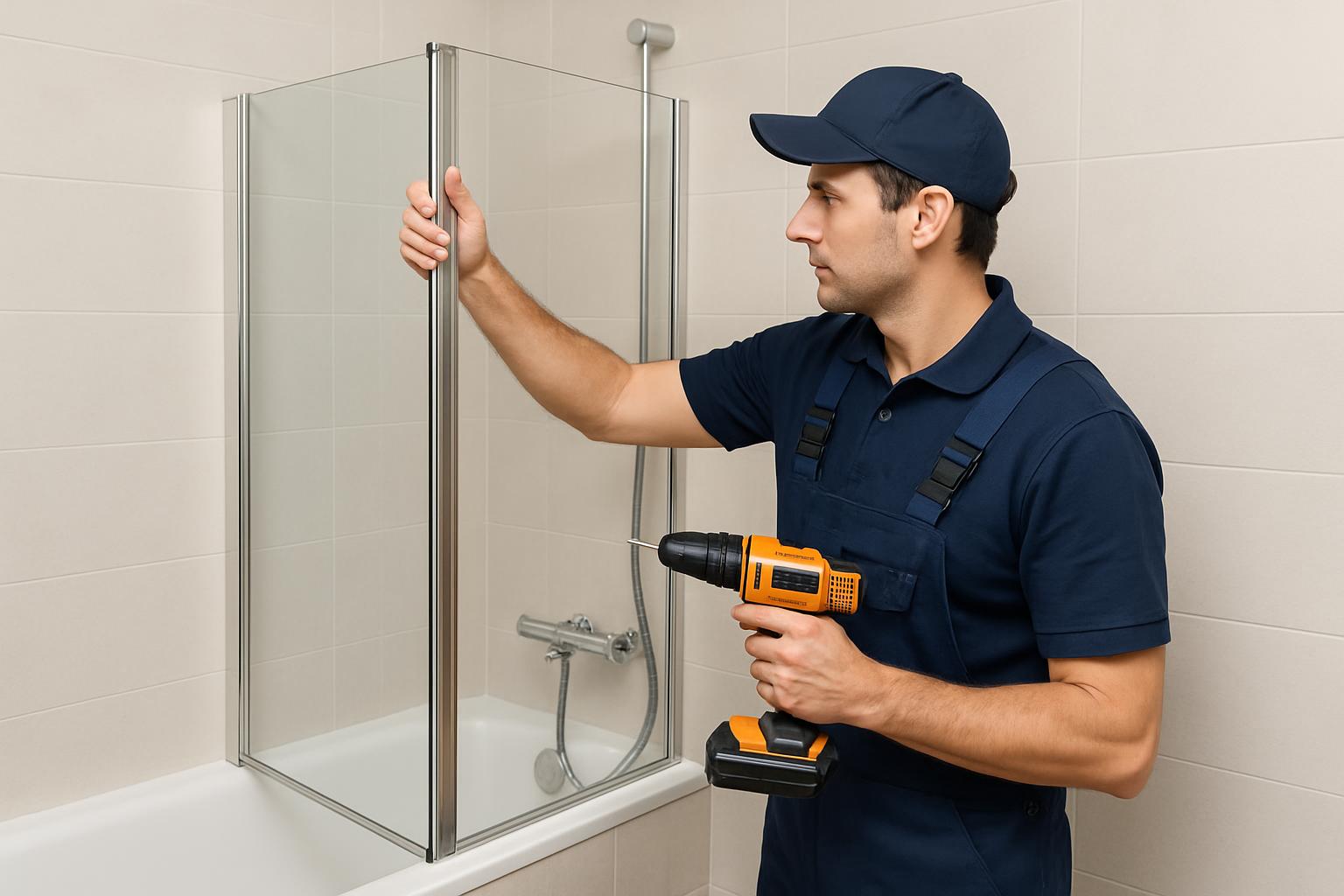 Workman holding power drill near shower. This image could be used for stock models, bathroom solutions, construction solut...